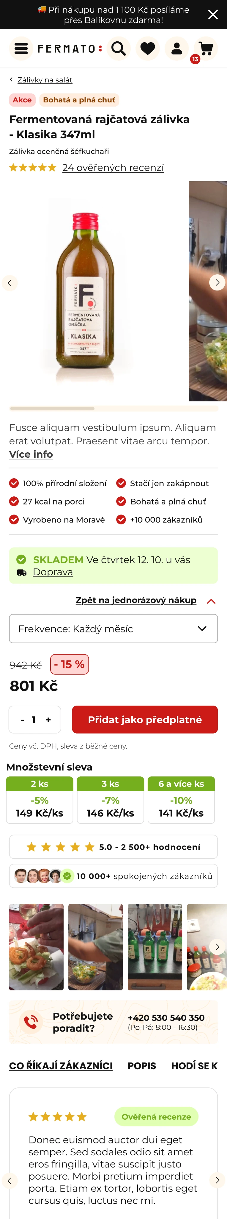 Návrh detailu zálivky Klasika: fotografie produktu, jeho výhody, předplatné a hodnocení zákazníků