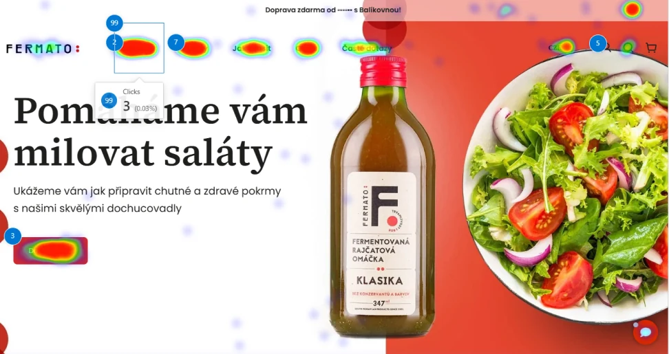 Heatmapa kliknutí na staré hlavní stránce Fermato, desktop