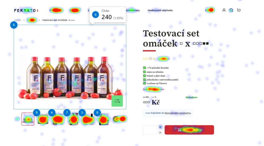 Heatmapa kliknutí na staré produktové stránce Fermato, desktop