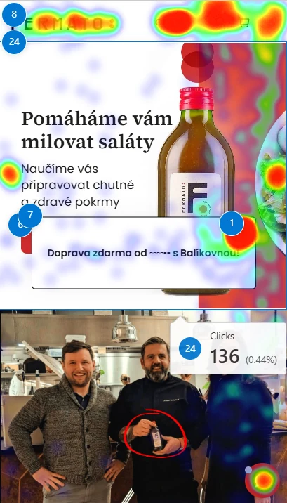 Heatmapa kliknutí na staré hlavní stránce Fermato, mobil